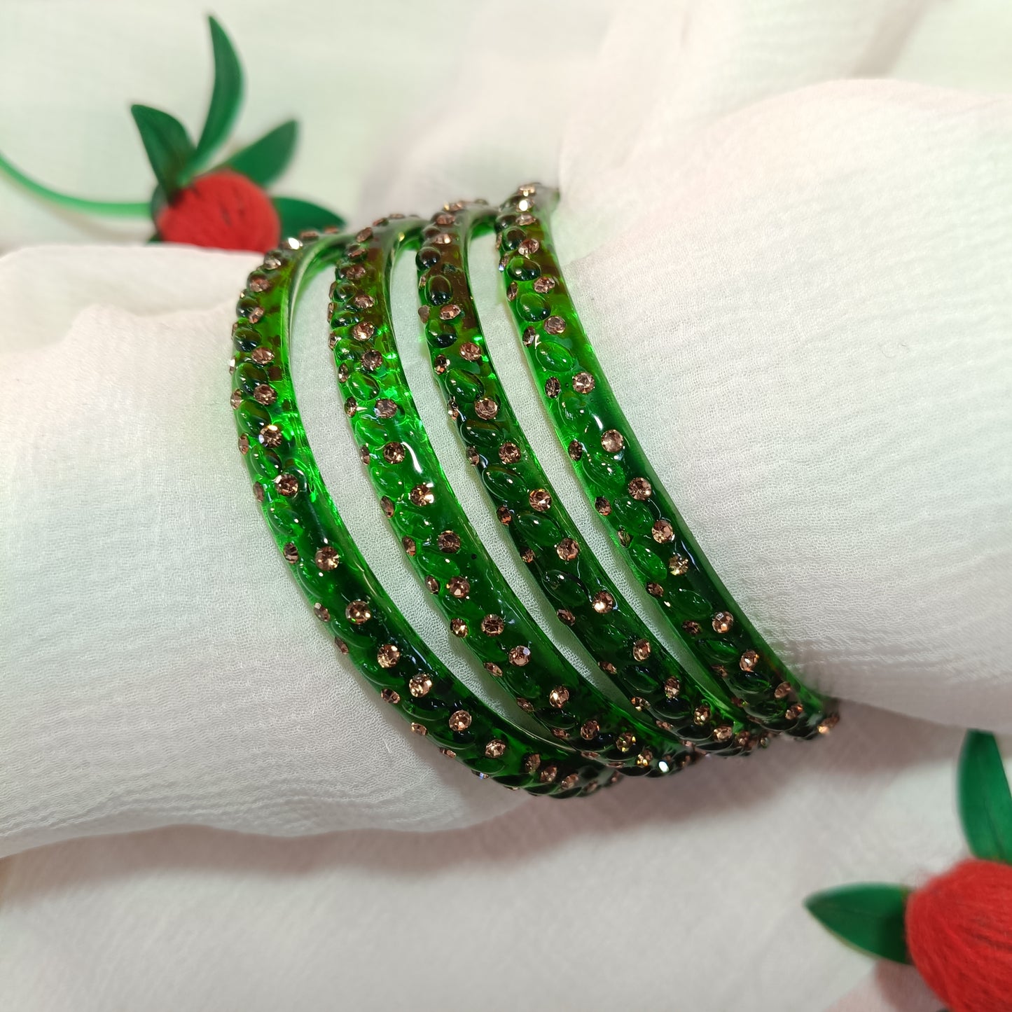 Green with Brown Stones with Brown Stones Glass Bangles Set of 4