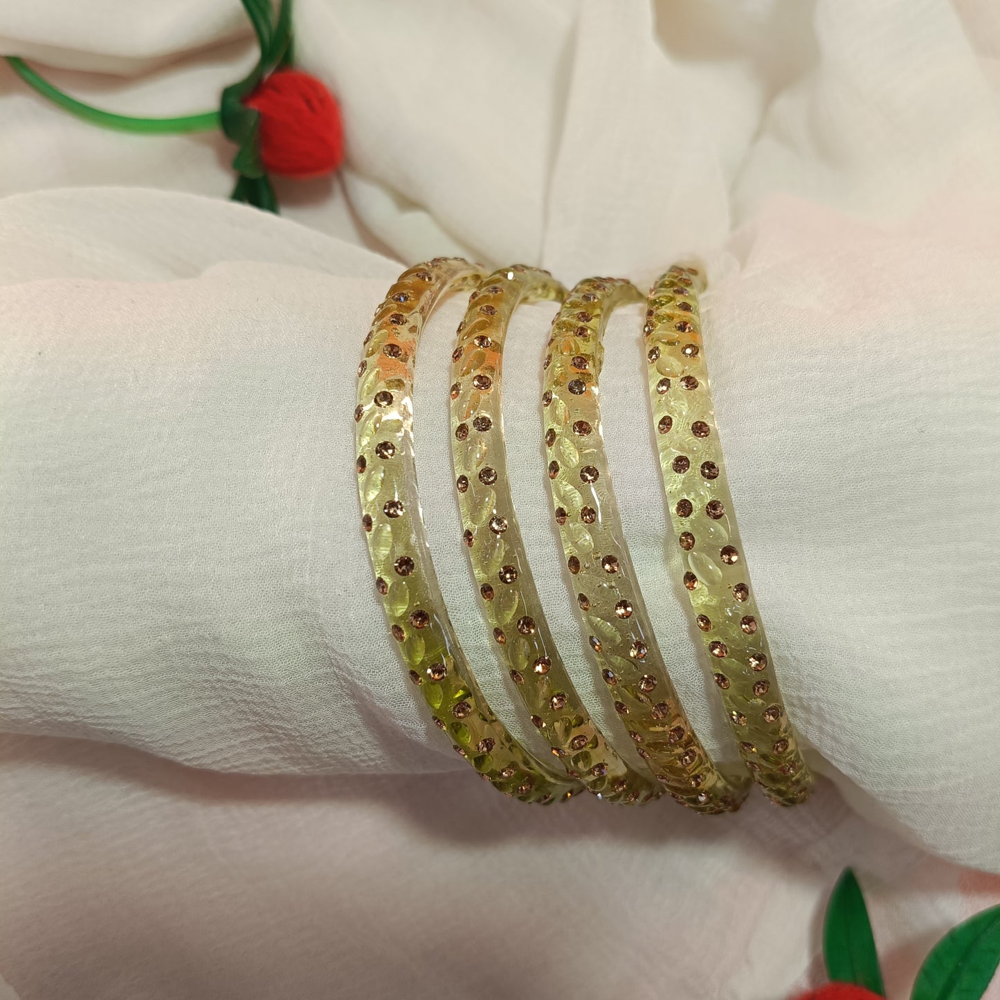 Lime Green with Brown Stones Glass Bangles Set of 4