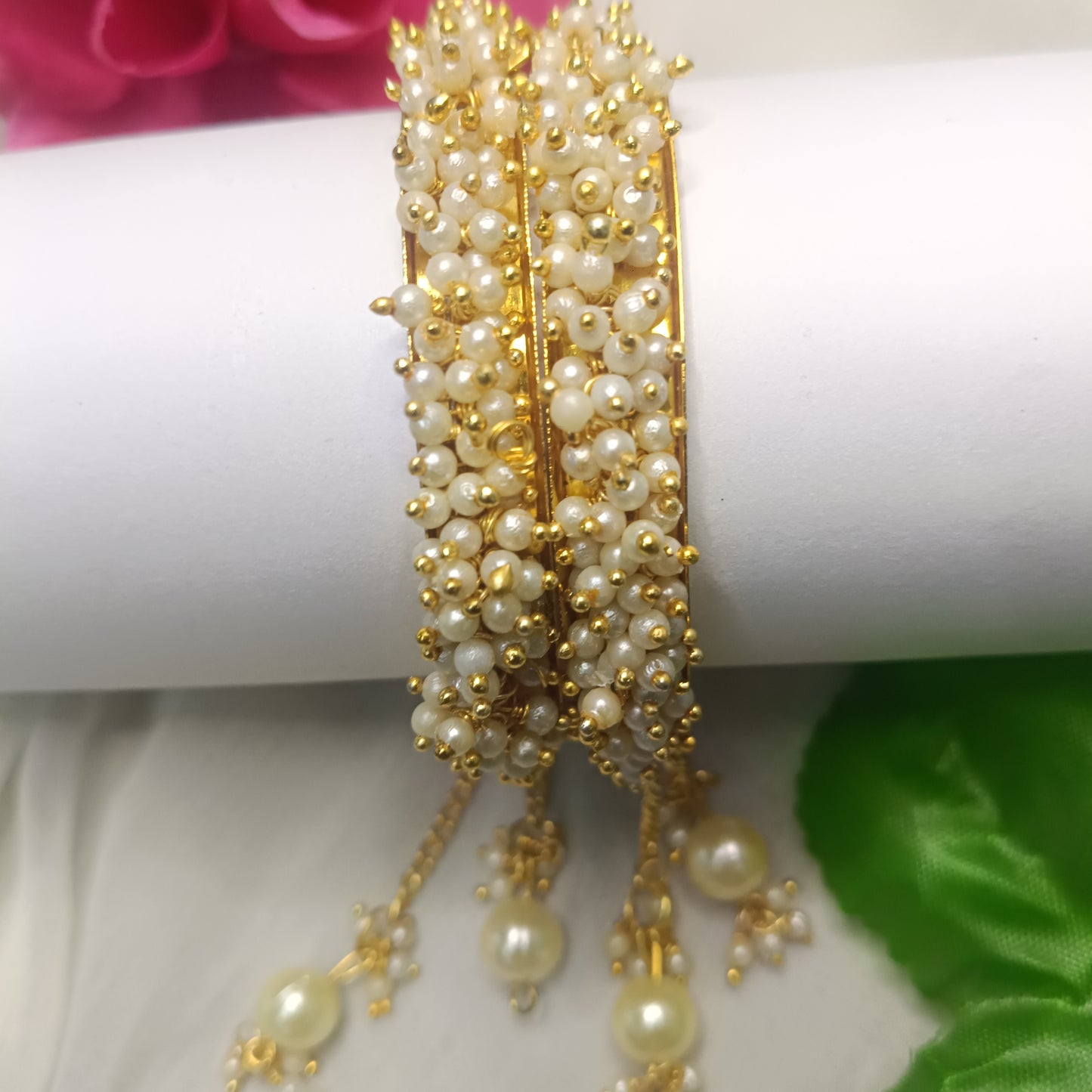 Elegant Gold-Plated Bangles with White Pearl Clusters & Latkan Charms – Set of 2