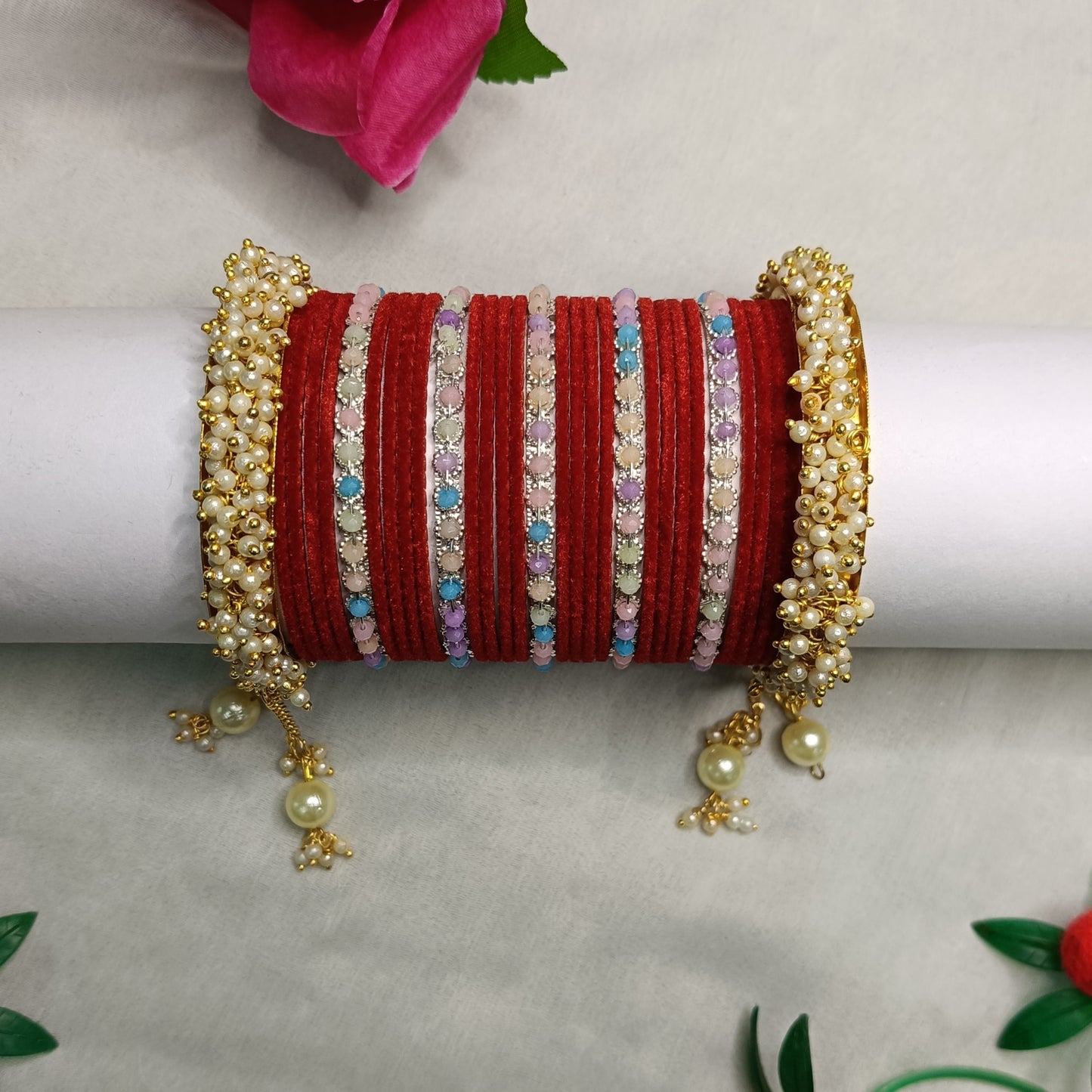 Royal Maroon Goldstone Kada + Velvet Bangles Set