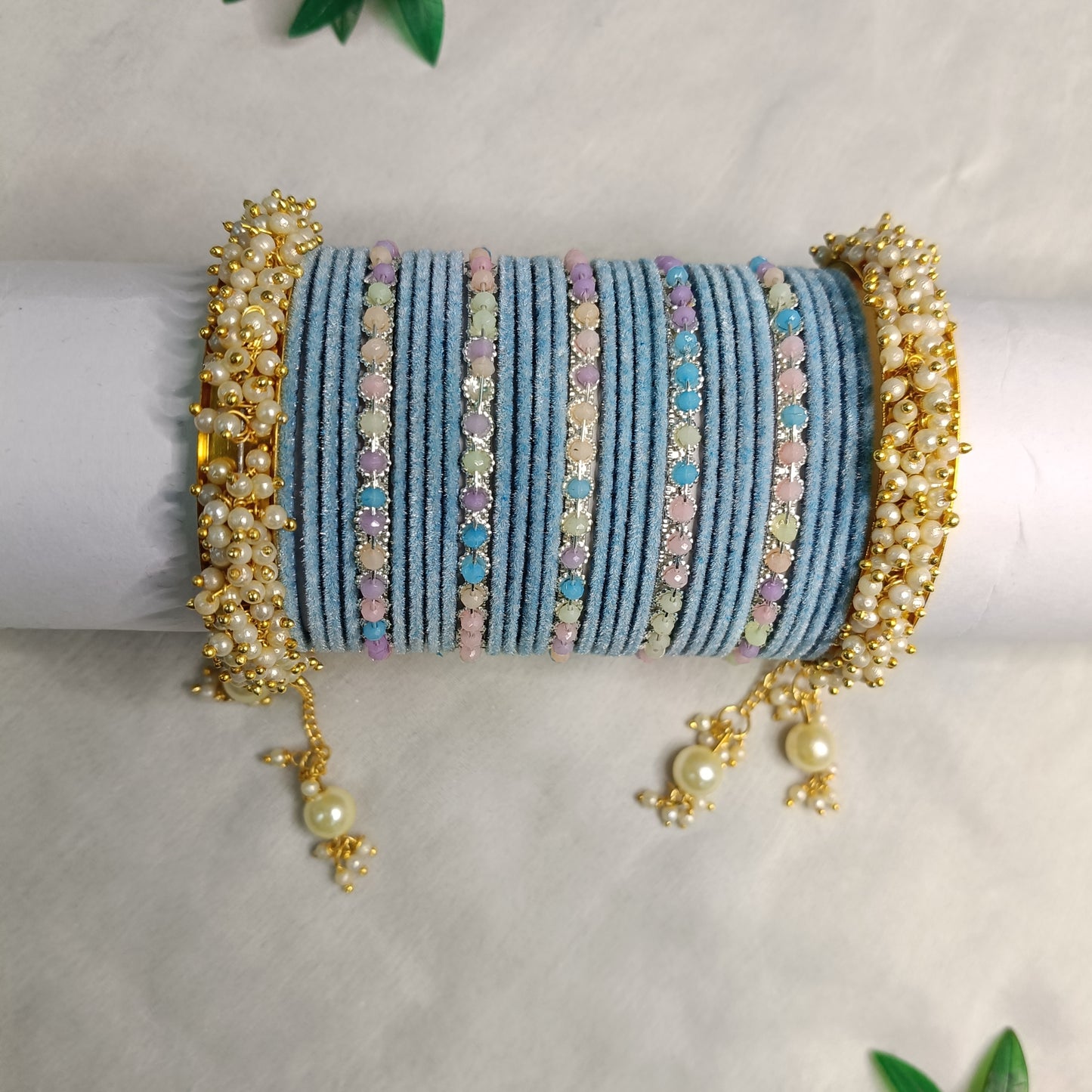 π Misty Sky Velvet Bangles with Pearl Kada Bangle Set π