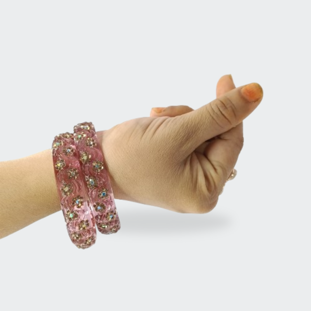 Sparkling Pink Transparent Floral Resin Bangles in Hand look