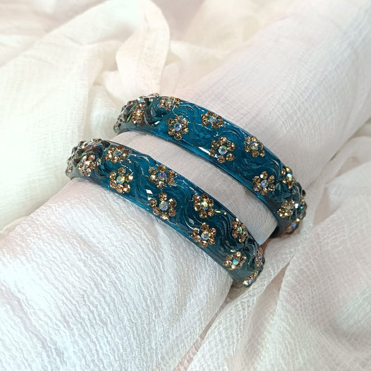Blue Transparent Bangles with Floral Crystal Embellished