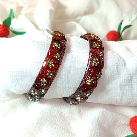 Bold Red Transparent Floral Resin Bangles - Set of 2