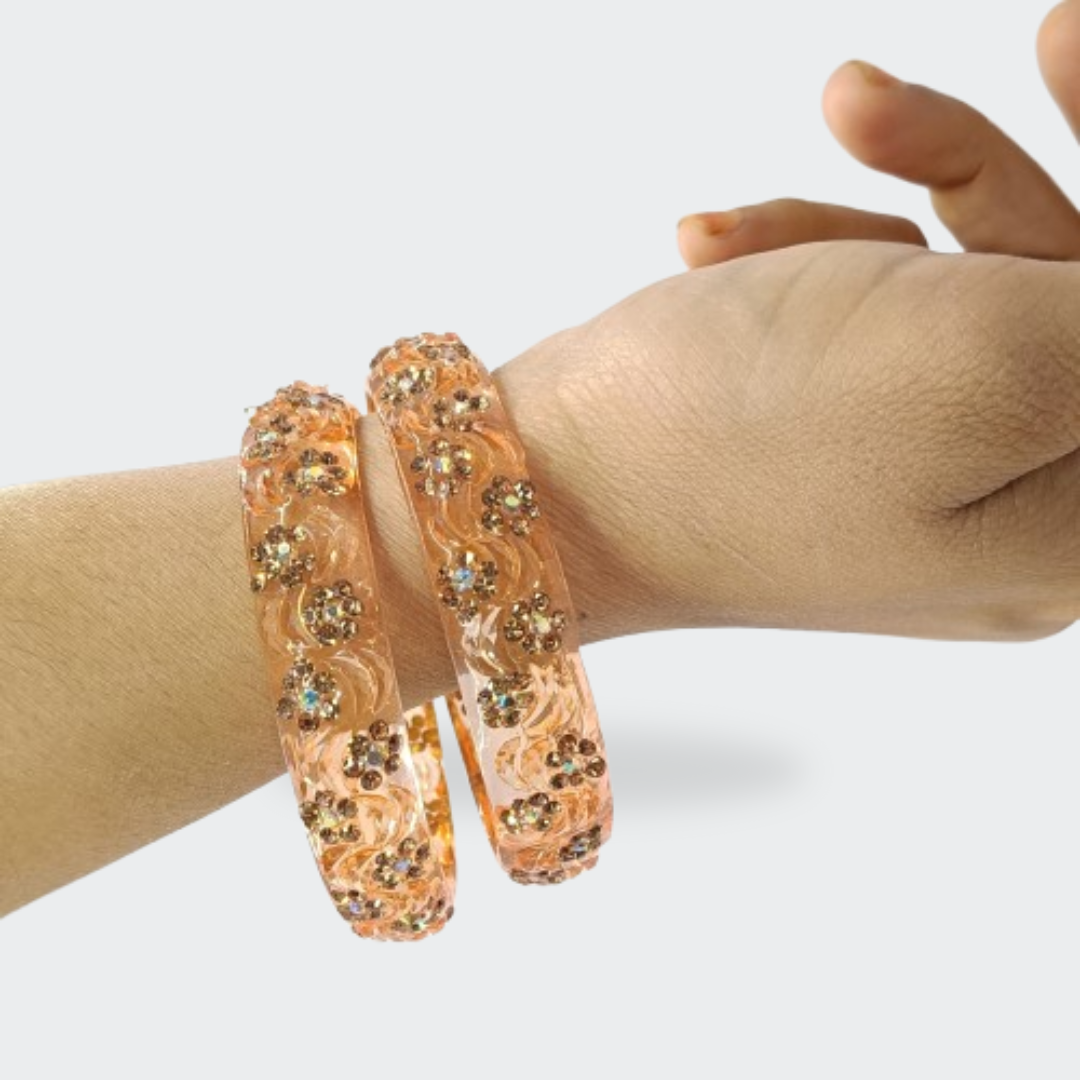 Elegant Peach Transparent Floral Resin Bangles - Set of 2 in Hand look