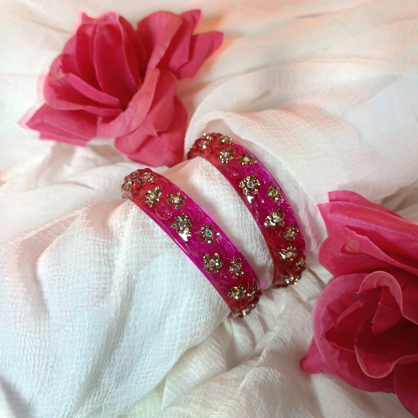 Glamorous Hot Pink Floral Bangles - Set of 2