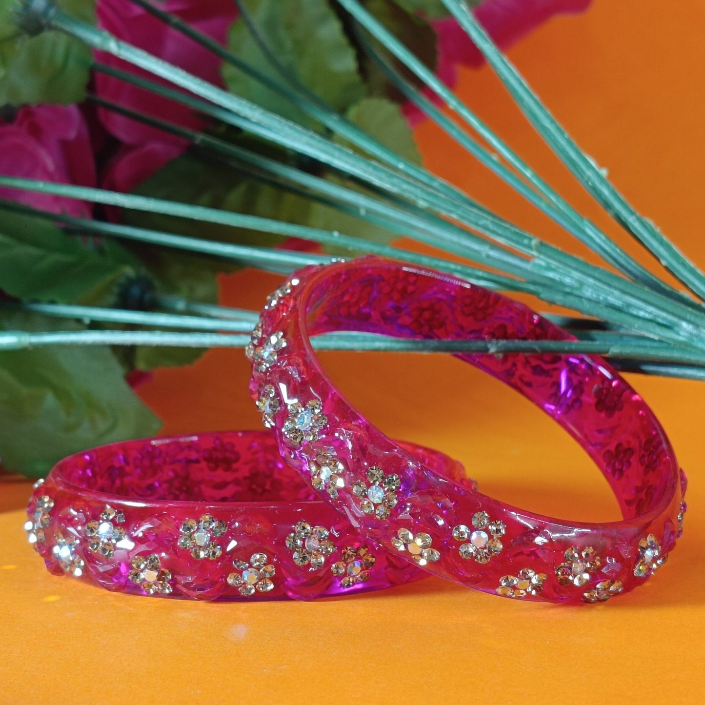 Glamorous Hot Pink Floral Bangles - Set of 2