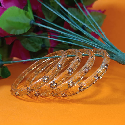 Golden Amber Transparent with Brown Floral Bangles - Set of 4
