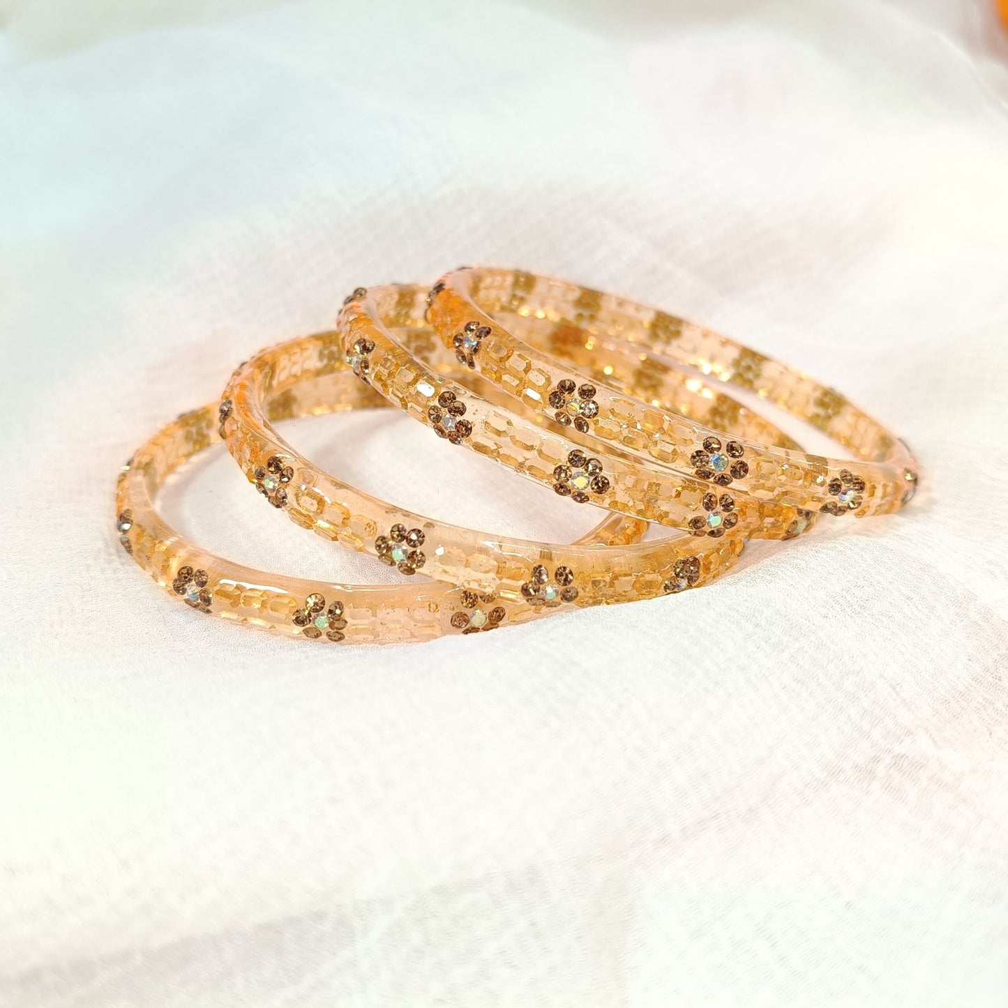 Golden Amber Transparent with Brown Floral Bangles Set