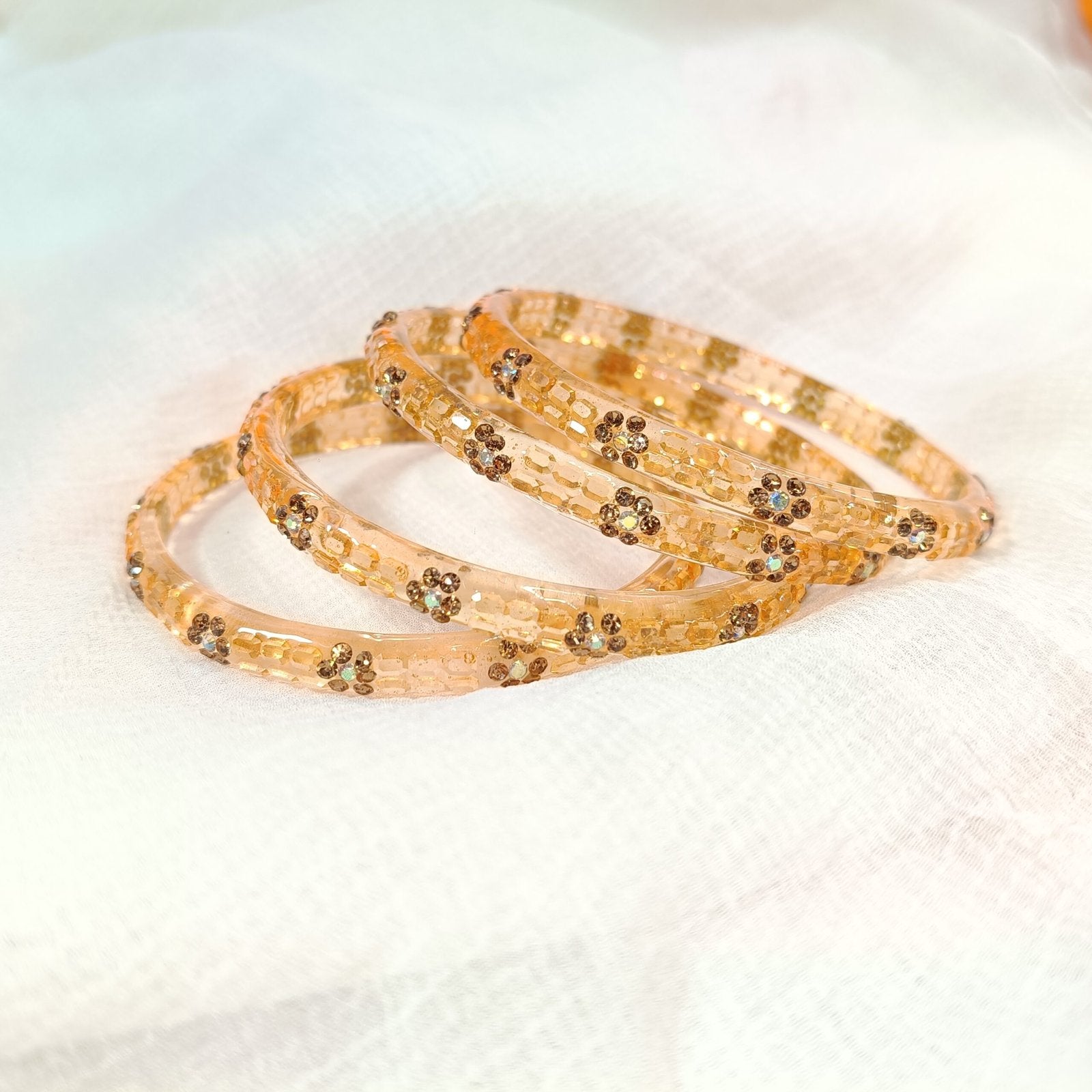 Golden Amber Transparent with Brown Floral Bangles Set