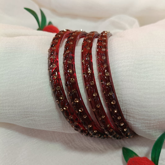 Red with Brown Stones Glass Bangles Set of 4