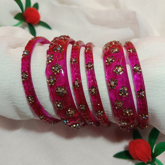 Charming Fuchsia Pink Glass Bangle Set of 2+4 - Floral Stone Accents 🌸
