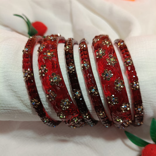 Elegant Ruby Red Glass Bangle Set of 2+4 - Floral Stone Embellishments ❤️