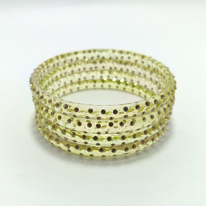 Lime Green with Brown Stones Glass Bangles Set of 4