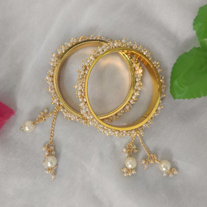 Elegant Gold-Plated Bangles with White Pearl Clusters & Latkan Charms – Set of 2