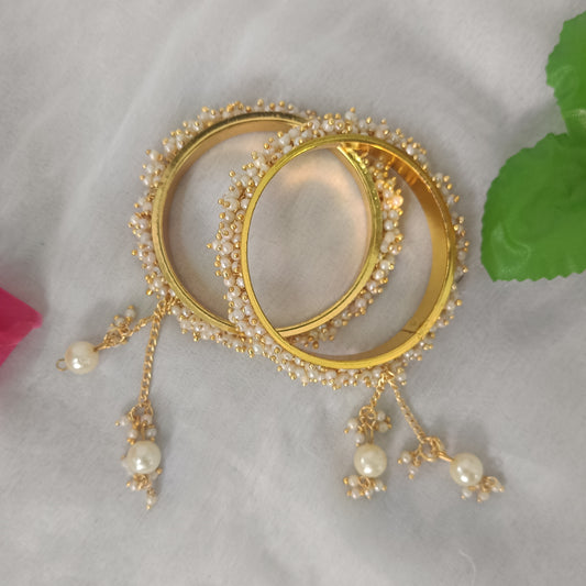 Elegant Gold-Plated Bangles with White Pearl Clusters & Latkan Charms – Set of 2