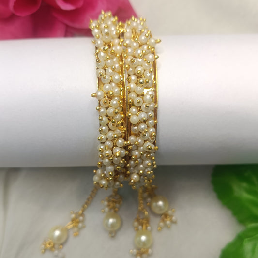 Elegant Gold-Plated Bangles with White Pearl Clusters & Latkan Charms – Set of 2