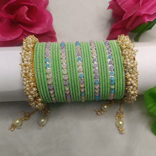 💚 Mint Pastel Velvet Bangles with Pearl Kada Bangle Set 💚