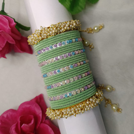💚 Mint Pastel Velvet Bangles with Pearl Kada Bangle Set 💚