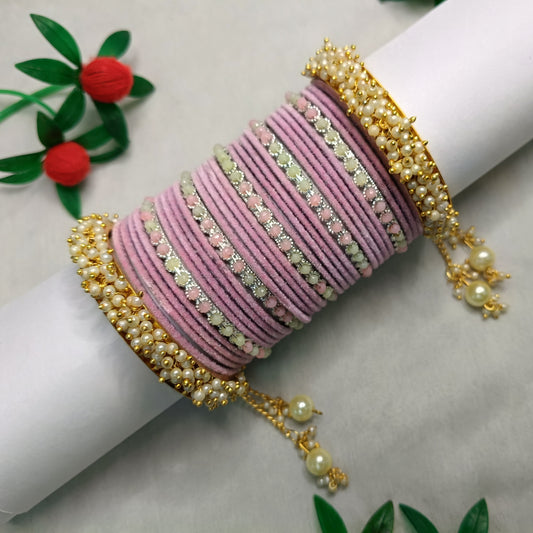 💜 Soft Pink Velvet Bangles with Pearl Kada Bangle Set 💜
