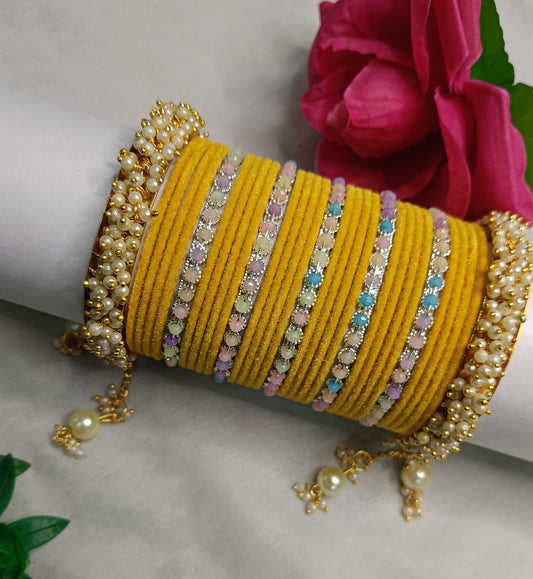 💛 Sunshine Glow Velvet Bangles with Pearl Kada Bangle Set 💛