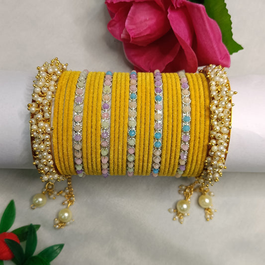 💛 Sunshine Glow Velvet Bangles with Pearl Kada Bangle Set 💛