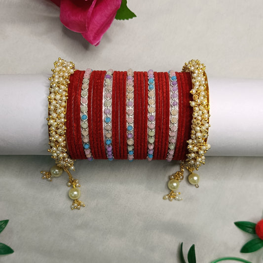 Royal Maroon Goldstone Kada + Velvet Bangles Set