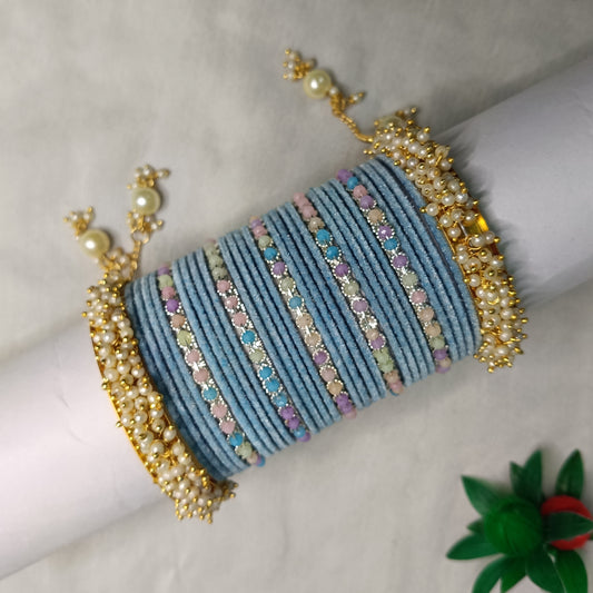 💙 Misty Sky Velvet Bangles with Pearl Kada Bangle Set 💙