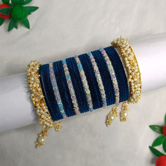 💫 Midnight Velvet Bangles with Pearl Kada Bangle Set 💫