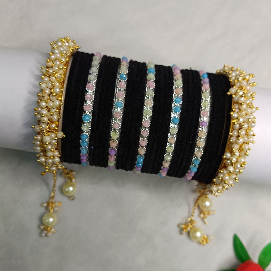 🖤 Noir Luxe Velvet Bangles with Pearl Kada Bangle Set 🖤