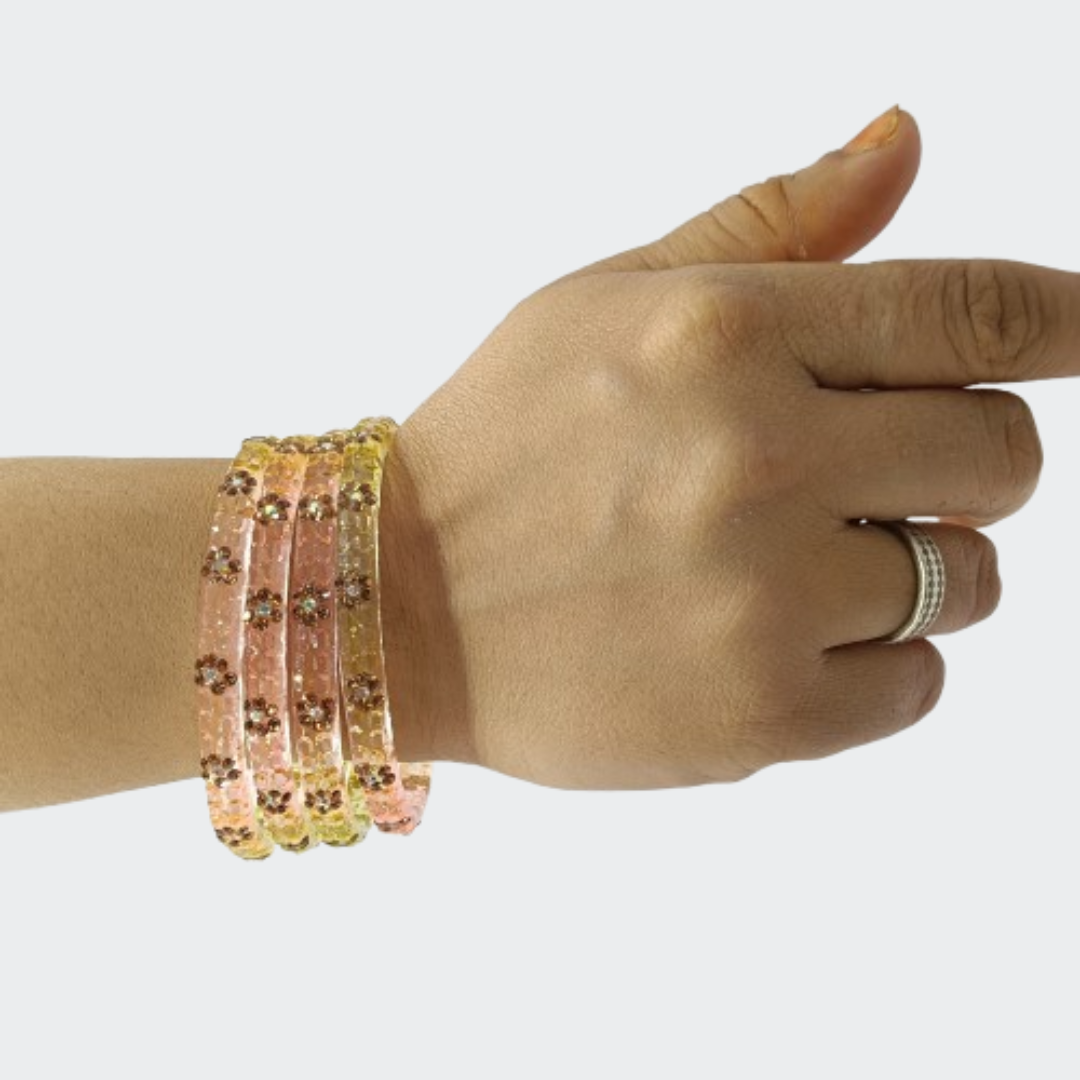 Soft Pastel Dual-Tone Color Transparent Floral Bangles in Hand