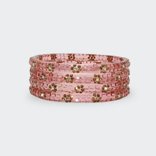 Soft Transparent Pink Floral Bangles - Set of 4