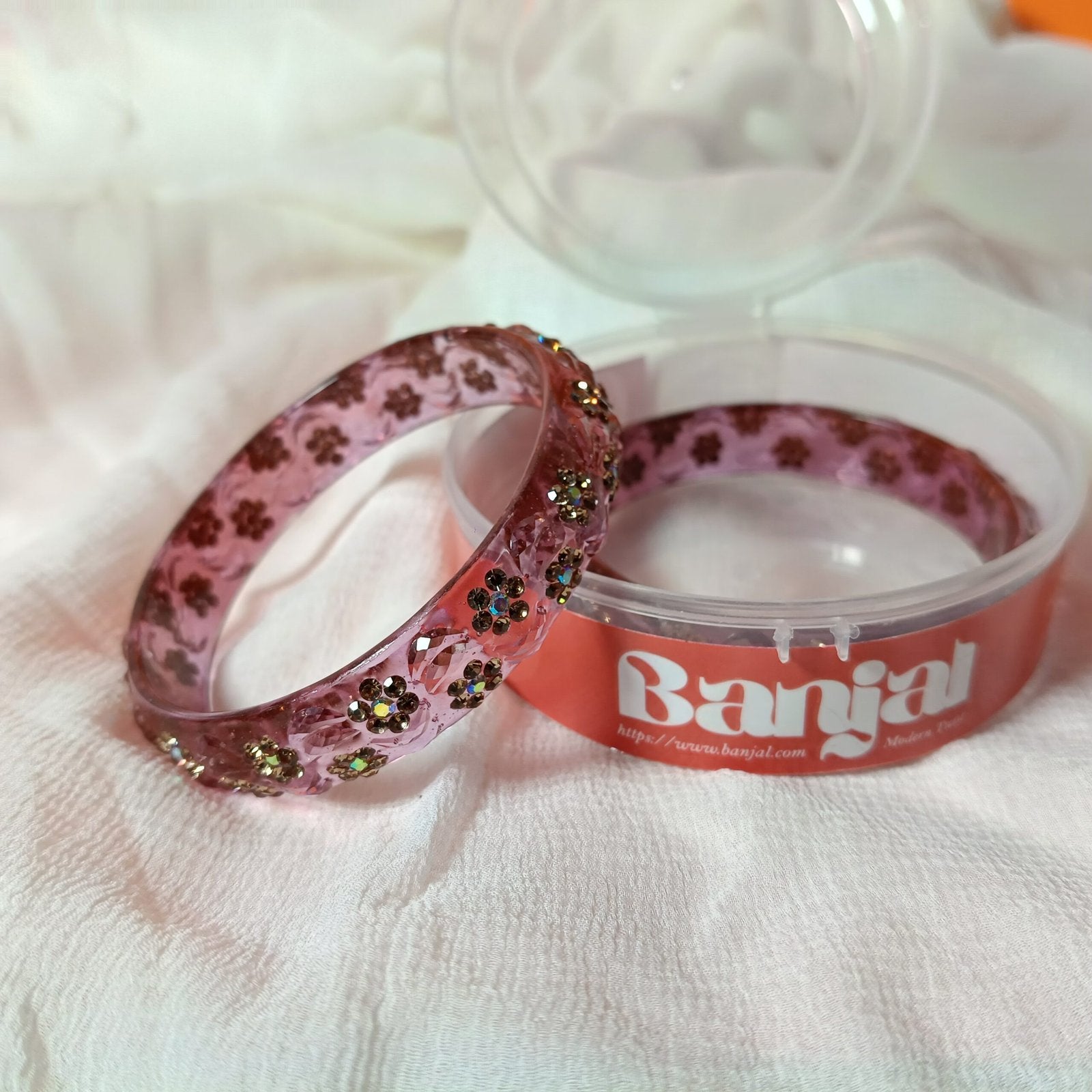 Sparkling Pink Transparent Floral Resin Bangles