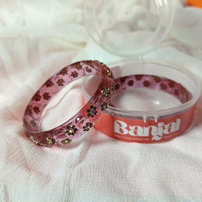 Sparkling Pink Transparent Floral Resin Bangles