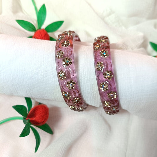 Sparkling Pink Transparent Floral Resin Bangles - Set of 2