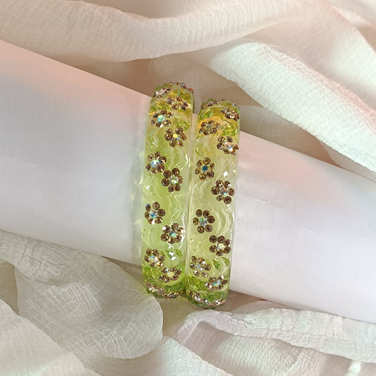 Sparkling Green Transparent Floral Bangles - Set of 2
