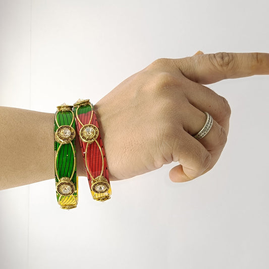 Yellow-Green-Red Multicolor with Sparkle Resin Glass Bangles Set