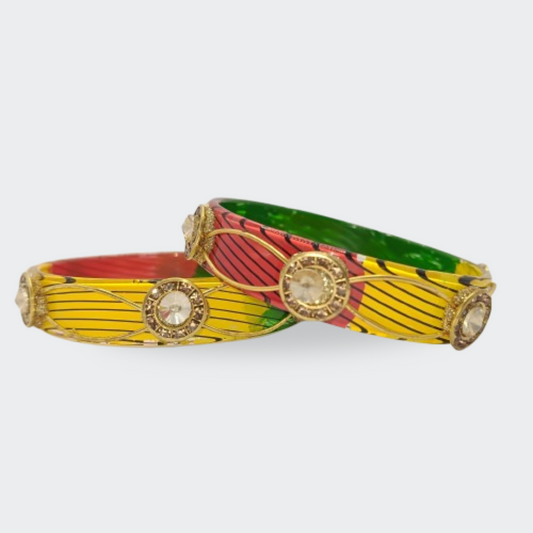 Yellow-Green-Red Multicolor with Sparkle Resin Glass Bangles Set