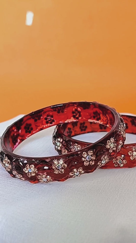 Elegant Ruby Red Glass Bangle Set of 2+4 - Floral Stone Embellishments ❤️