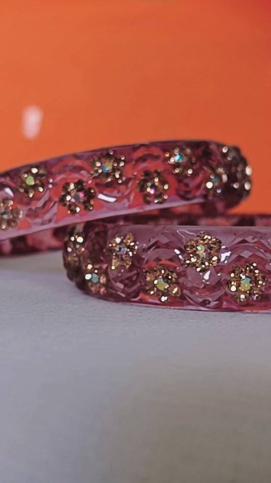 Sparkling Pink Transparent Floral Resin Bangles - Set of 2