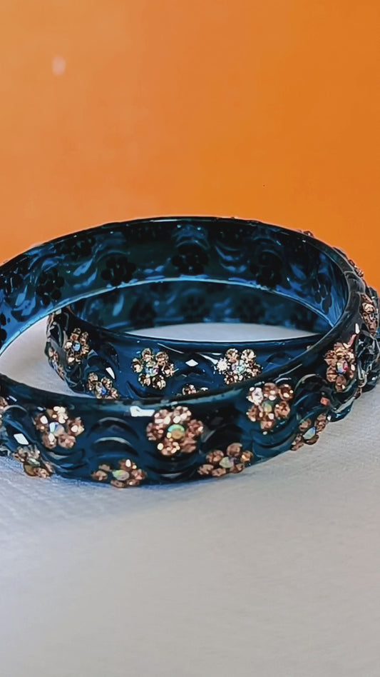 Dark Blue Velvet & Blue Transparent Bangles with Floral Crystal Embellished Bundle