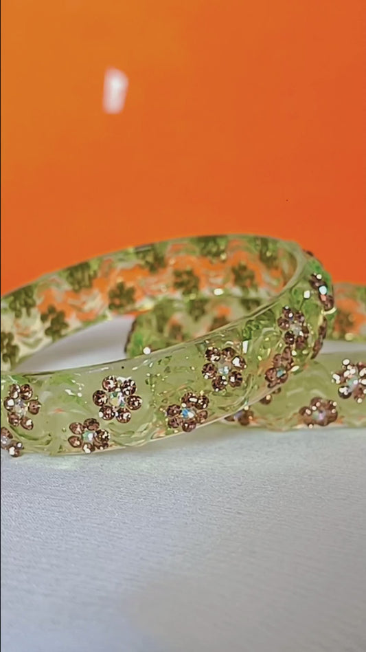 Charming Lime Green Glass Bangle Set of 2+4 - Floral Stone Detailing 💚