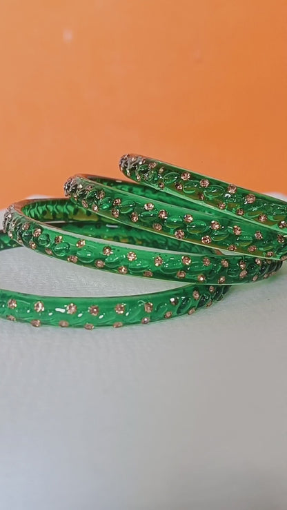 Green with Brown Stones with Brown Stones Glass Bangles Set of 4