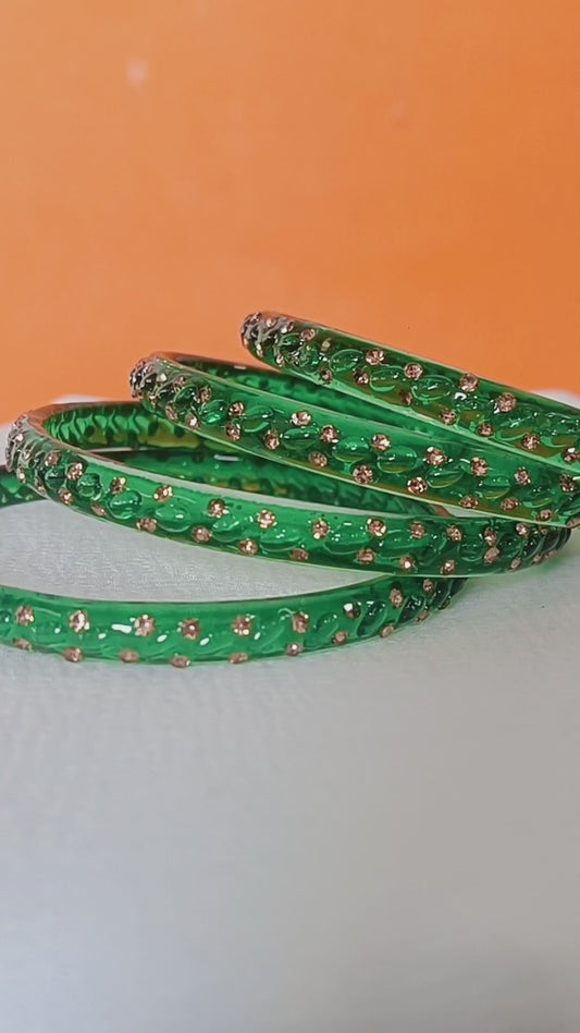 Green with Brown Stones with Brown Stones Glass Bangles Set of 4