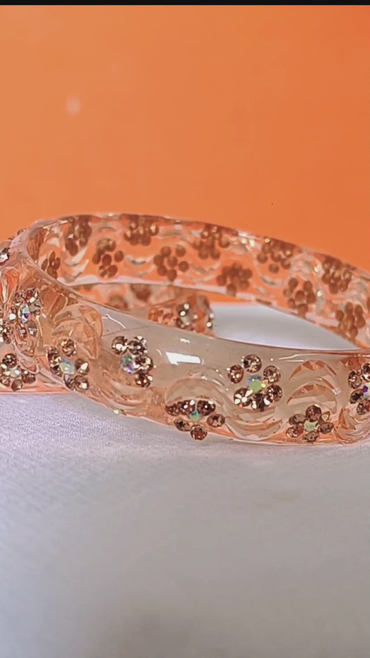 Golden Amber & Peach Floral Stone 🌸Transparent Bangle Set of 2+4