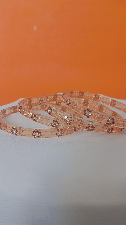 Golden Amber Transparent with Brown Floral Bangles - Set of 4