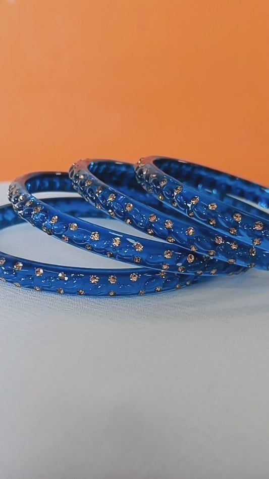 Blue with Brown Stones Glass Bangles Set of 4