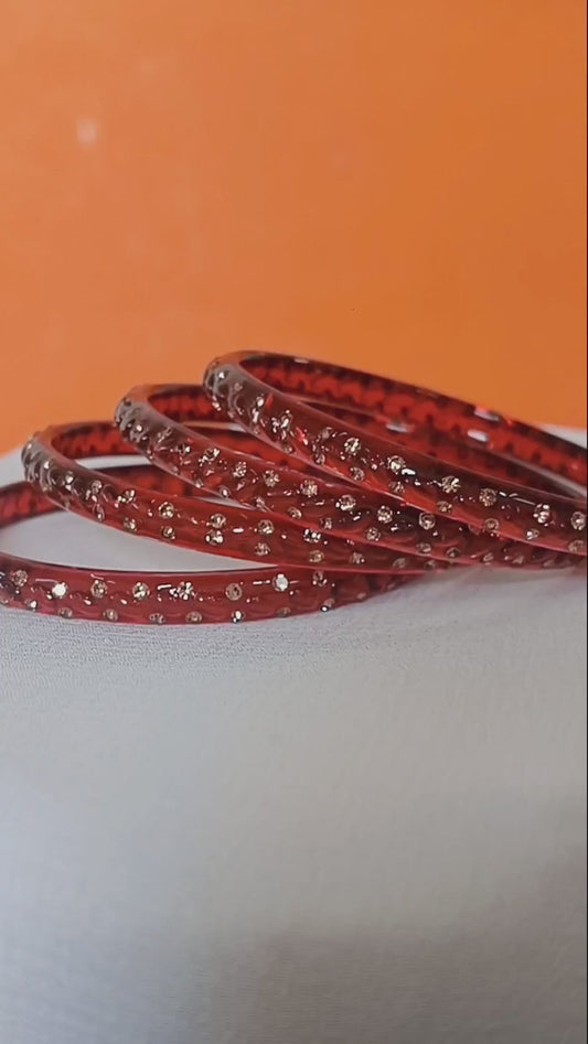 Red with Brown Stones Glass Bangles Set of 4