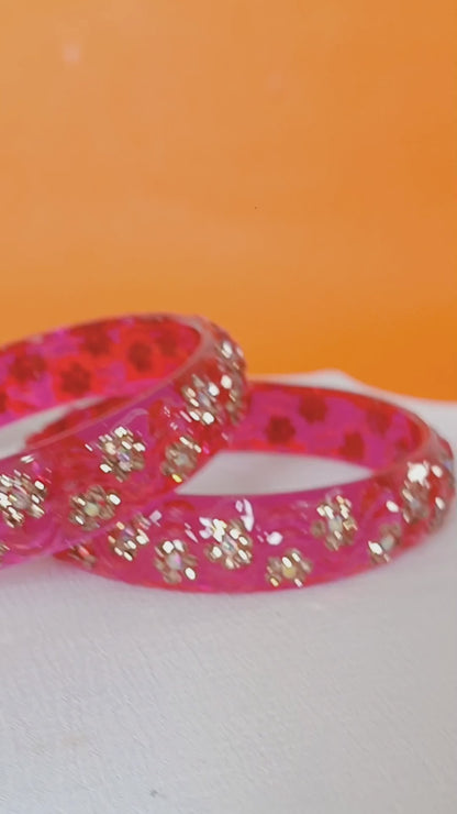 Glamorous Hot Pink Floral Bangles - Set of 2