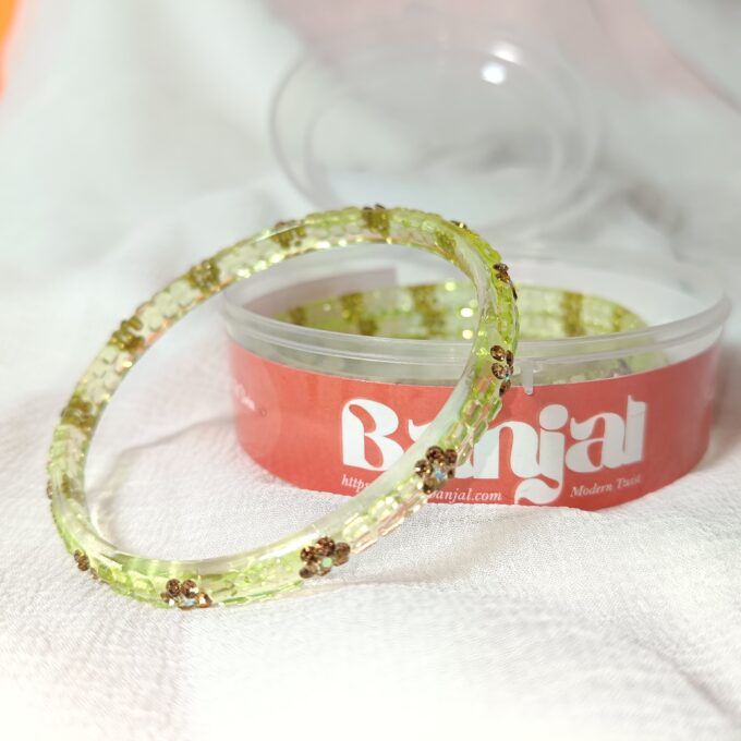 Lime Green & Gold-Tone Embossed Floral Bangle Set